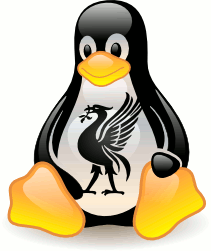 A classic Tux Linux maxcot penguin with a Liver Bird logo on it's chest